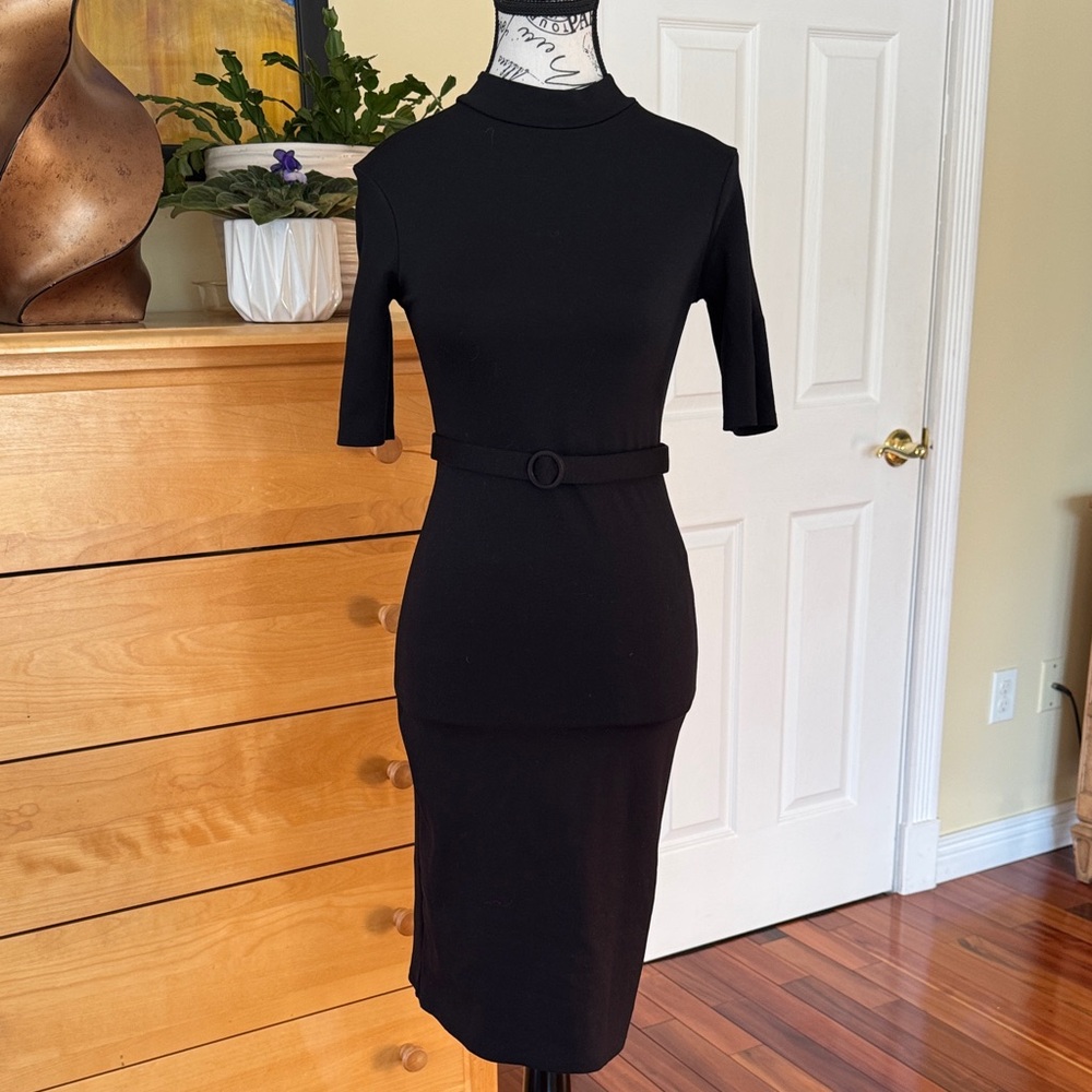 Zara Elegant Black Midi Dress with Belt